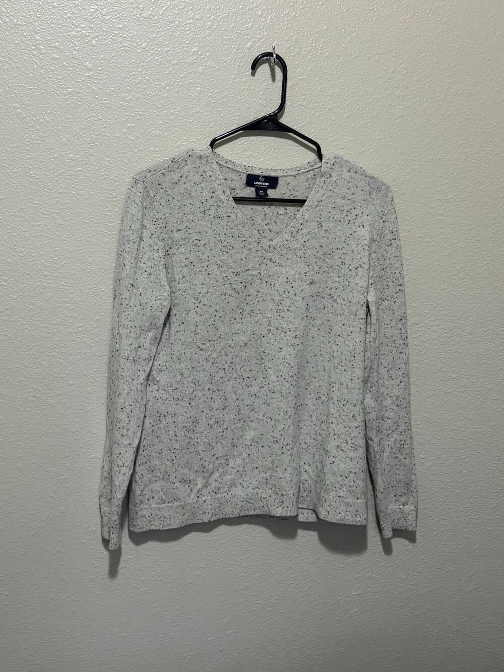 Women’s Lands End Oatmeal Donegal Speckled Cashmere V Neck Sweater, M 10-12